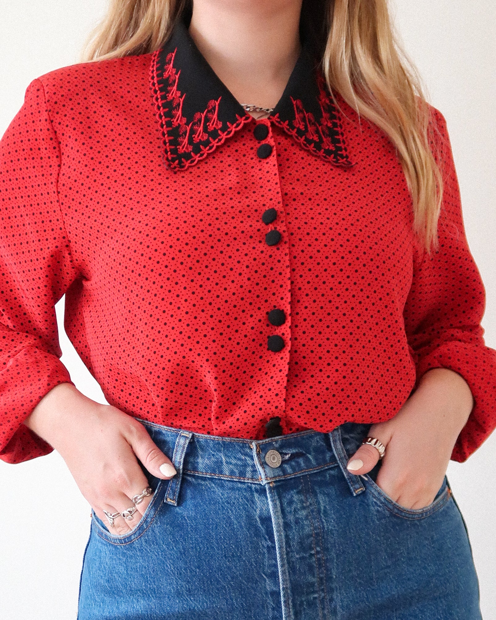Red polka dot blouse